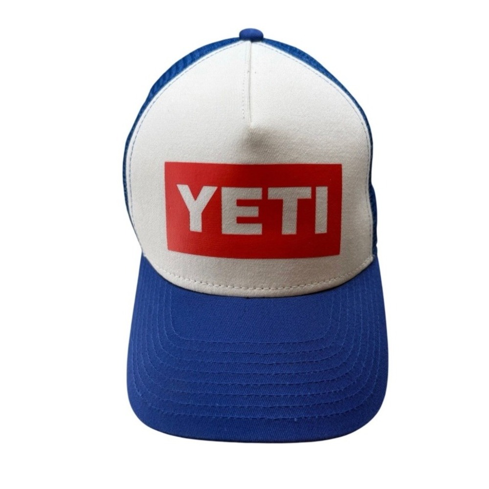 Yeti Trucker Hat Blue White Red Logo Patch Snapback Mesh Cap Adjustable NEW‎